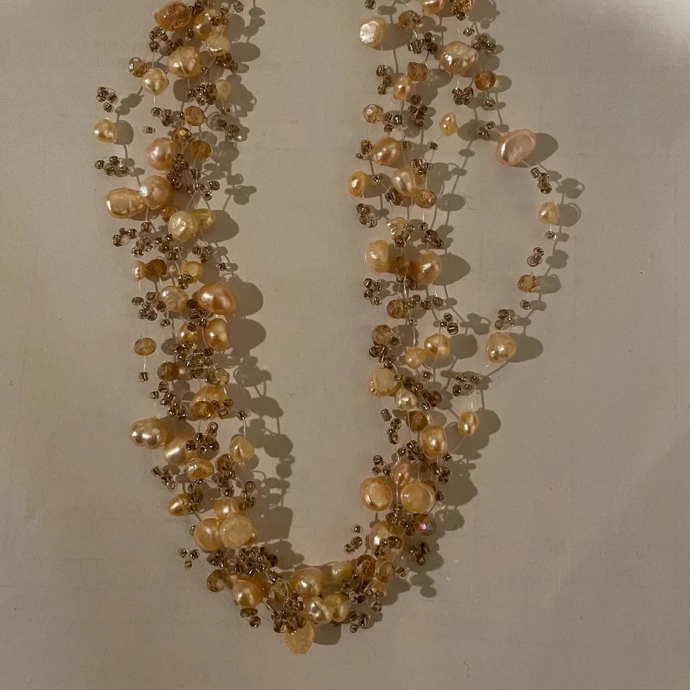 NEW Pink Gold Pearls Beaded multi layer necklace dangling earrings set - Picture 3 of 9